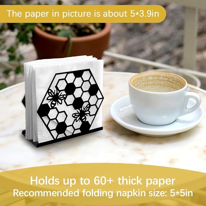 Honeycomb Bee Decorative Black Metal Napkin Holder for Table, 5.3" x 4.7" x 2" Insect Animal Standing Napkin Holder for Home Kitchen Restaurant Picnic Party Coffee Bar Dining Room