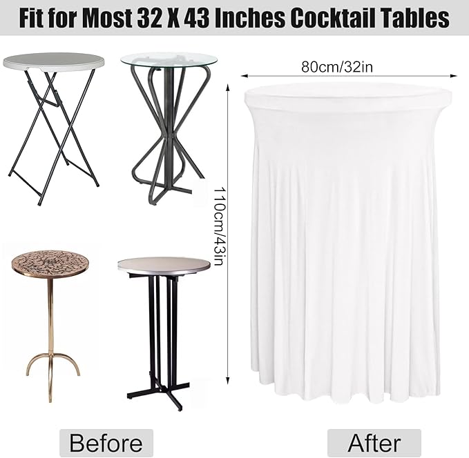 4 Packs 32 x 43 Inch Spandex Round Cocktail Table Skirts Stretch Cocktail Table Cover Fitted for High Top Tables for Wedding Bar Party Banquet (White)