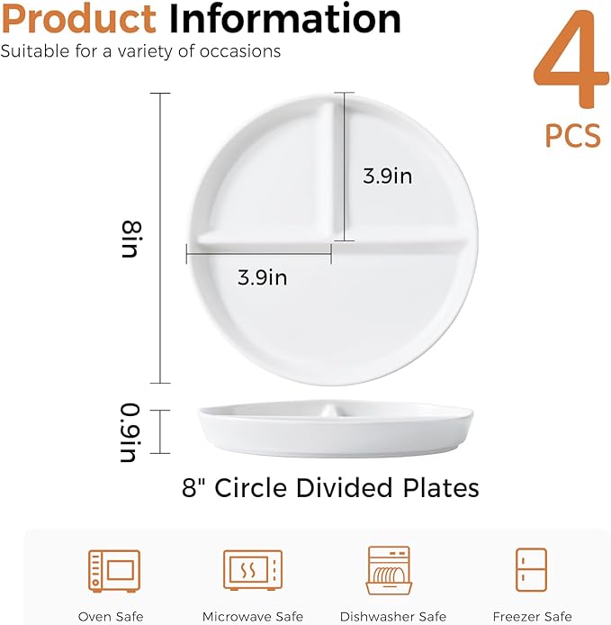 8" Ceramic Divided Plates Set - 4Pcs, Portion Control Plate, Bariatric Plate for Kids Adults, 3 Compartment Plates, Dinner Plates for Balanced Meal, Oven, Dishwasher Safe, White