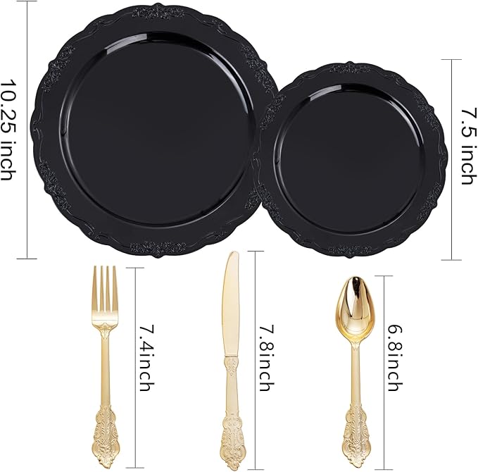 DaYammi 150Pcs Black Plastic Plates & Gold Plastic Silverware,Black Disposable Plates Set Include 30 Dinner Plate, 30 Dessert Plate,30 Golden Knives,30 Gold Forks,30 Golden Spoons for Party Wedding