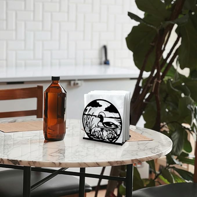 Mallard Duck Decorative Black Metal Napkin Holder for Table, 5.3" x 4.9" x 1.9" Duck Animal and Reed Standing Napkin Holder for Home Kitchen Restaurant Picnic Party Coffee Bar Dining Room
