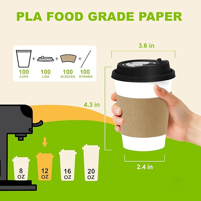 100 Pack 12 oz Disposable Coffee Cups with Lids and Sleeves, Leak-Proof To Go Coffee Cups, PLA White Paper Coffee Cups for Hot Beverage