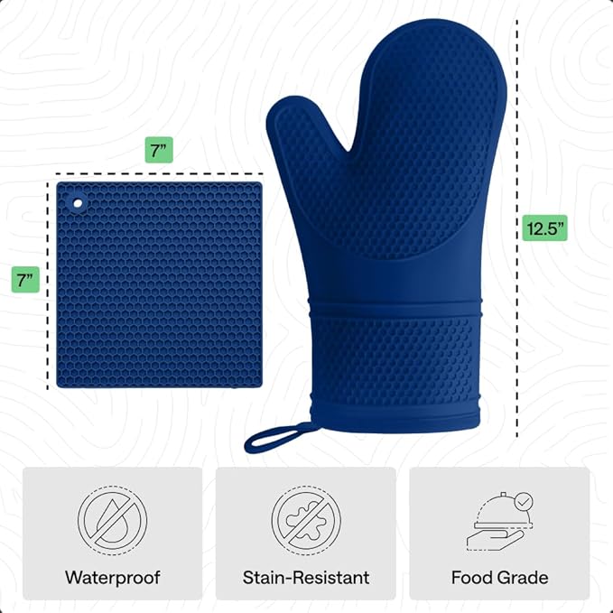 GORILLA GRIP BPA-Free Soft Silicone Oven Mitts and Pot Holders Sets of 4, Heat Resistant Waterproof Cooking Gloves, Thick Cotton Lining, Flexible Gripping for Baking Grilling, Kitchen Trivets, Blue