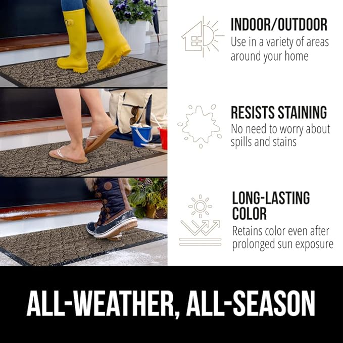 GORILLA GRIP 100% Waterproof All-Season WeatherMax Doormat 35x23, US Designed Natural Rubber, Stain and Fade Resistant, Low Profile Indoor Outdoor Door Mats, Easy Clean Patio Mat, Beige Quatre