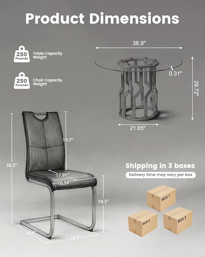 38.9" Round Glass Dining Table Set for 4, Modern 5 Piece Kitchen Table Set with Silver Stainless Steel Base & 4 PU Leather Accent Chairs, Saving Space, Dining Set for Apartment, Home - Black Chair