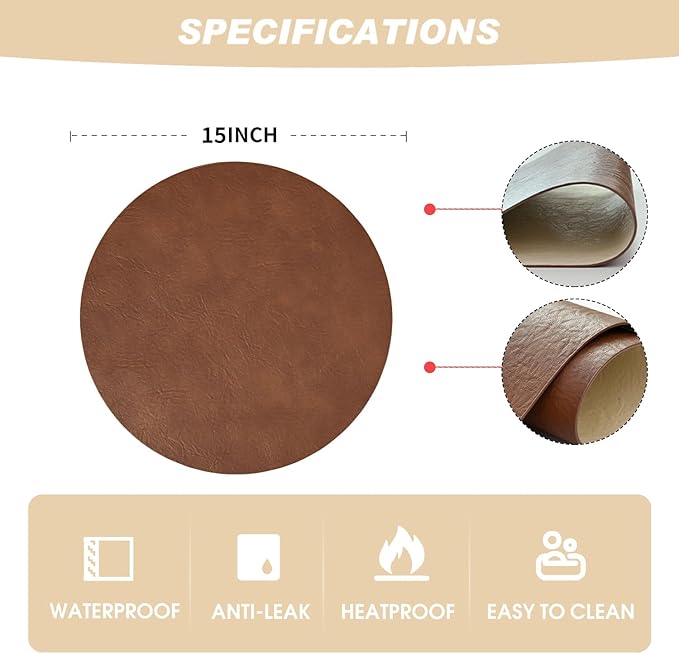 Artoid Mode Brown Faux Leather Placemats Set of 4, 15 Inch Waterproof Wipeable Heat Resistant Vinyl Place Mats, Reversible Table Mats for Kitchen Dining Decor