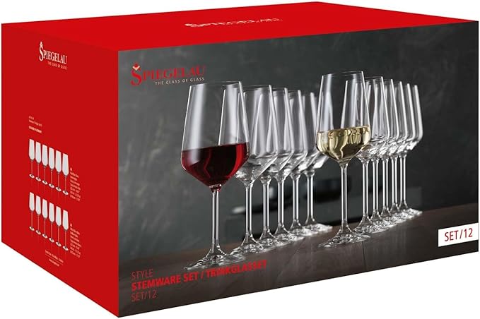 Spiegelau Style Red and White Wine Glasses, Modern Stemmed Wine Glasses, Elegant Glassware for Dinner Parties, Home Bar Cart Accessories, Hosting Essentials, and Wedding Gifts, Set of 12
