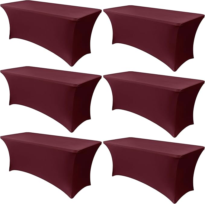 Obstal 6 Pack Stretch Spandex Table Covers for 8 Foot Tables - 8 FT Universal Rectangular Fitted Tablecloth Protector for Wedding, Banquet, Party, Wine Red, 96 Length x 30 Width x 30 Height Inches