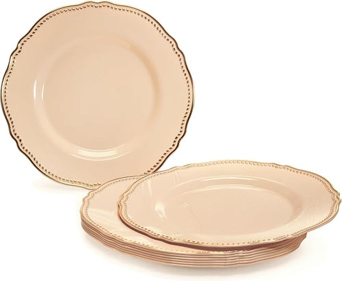 " OCCASIONS " 240 Plates Pack,(120 Guests) Heavyweight Premium Disposable Plastic Plates Set -120 x 10.25'' Dinner + 120 x 7.5'' Salad/Dessert (Rochelle Antique Rose and Gold)