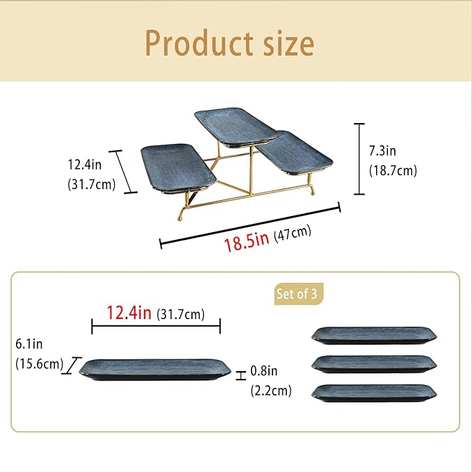 3 Tier Serving Trays for Party, 12.4 Inch Porcelain Serving Platters and Tiered Trays, Foldable Sturdy Gold Stand, for Food Display, Fruit, Cake Dessert, Decoration Entertaining, Blue