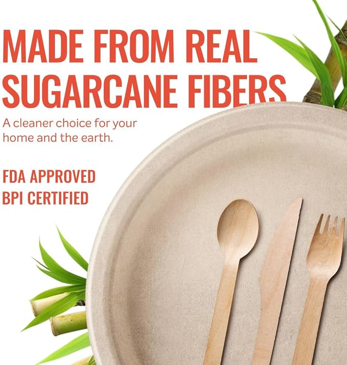 Heavy Duty Disposable Paper Plates 8.5 inch - Set of 125 | Compostable | Made from Sugarcane Bagasse | Biodegradable Dinner Plates | Rustic Dinnerware for Christmas, Wedding, Party