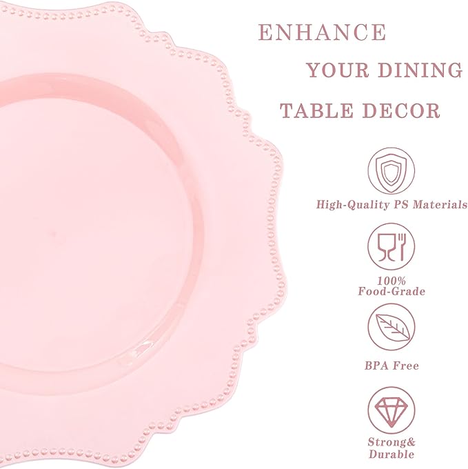 COLOSUS 60pcs Pink Plastic Party Dinner Plates - 9.5 Inch- Heavy Duty Disposable Plastic Dinner Plates for Party Wedding and Everyday Use,Valentine's Day