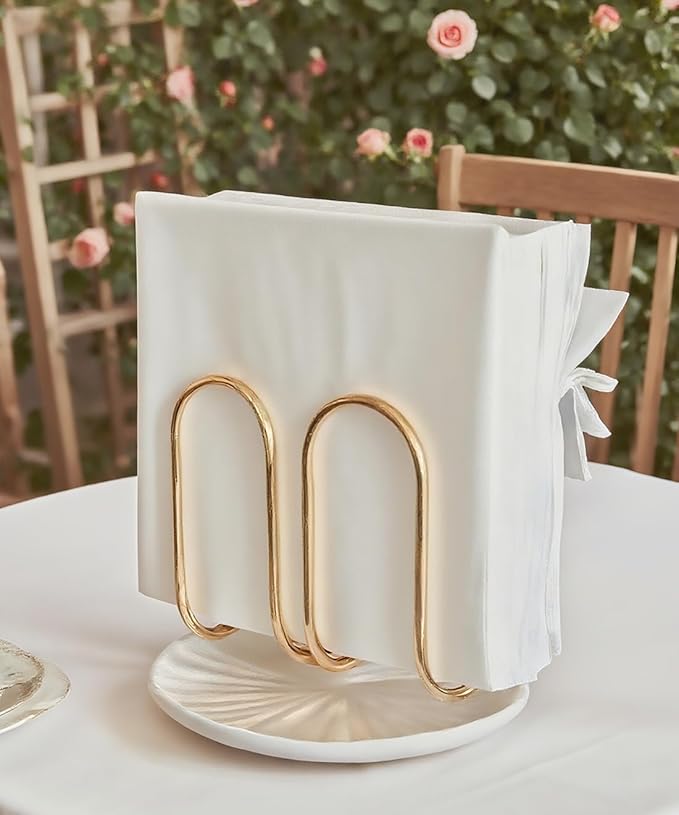 VROOMIUM Napkin Holder for Table, Ceramic Base Effortless Cleaning, 1 lb Weight, Gold Napkin Holders for Paper Napkins, Servilleteros para Mesas
