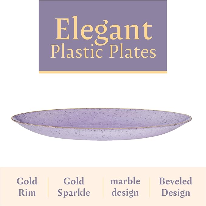 PLASTICPRO 30 Pack Disposable Plastic Plates Heavyweight Granite Look Elegant 10 inch Dinner Plates Purple with Gold Rim