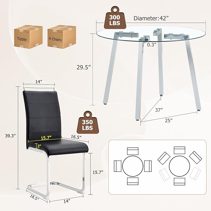 42" Round Glass Dining Table Set for 4,Modern Breakfast Table Set for 4 with Silver Chrome Legs,Space Saving Kitchen Table and Black Chairs for Apartment,Easy Assembly