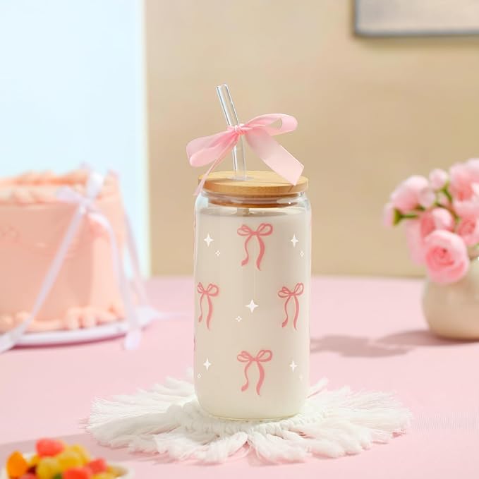 Coquette Pink Bow Glass Cup with Lids and Straws, 16 oz Cute Glass Cup, Aesthetic Iced Coffee Tumbler with Gift Box Cleaning Brush for Teen Girls Gifts Trendy Stuff Women Girlfriends Gifts
