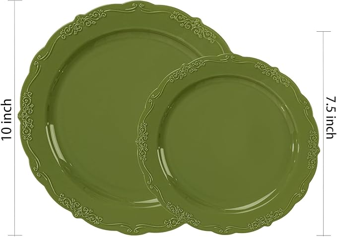 U-QE 100PCS Olive Green Plastic Plates - Plastic Green Plates Disposable Heavy Duty - Olive Disposable Plates for Party Including 50PCS 10'' Dinner & 50PCS 7.5'' Dessert Plate