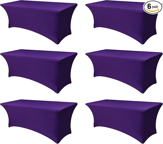 Spandex Table Cloths for 8 Foot Rectangle Tables-6 Pack Fitted Stretch Dark Purple Table Covers-Folding Tablecloths for Party, Vendor Booth Display, Banquet Buffet Event, Craft Trade Show