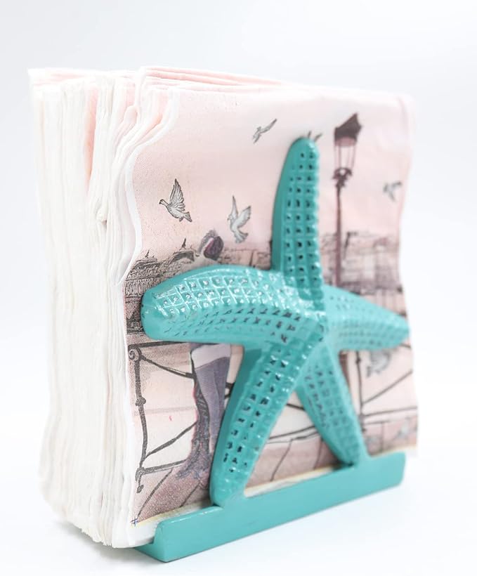Nautical Starfish Lunch Dinner Metal Napkin Holder Kitchen Beverage Cocktail Ocean Coastal Napkin Holder By The Metal Magician (Distressed Green)