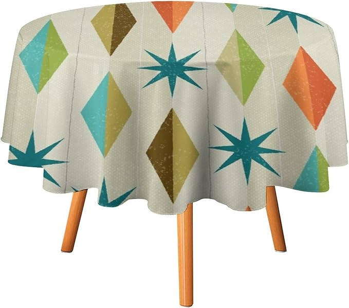 Mid Century Round Tablecloth, Modern Colorful Abstract Geometric Retro Art Printed Tablecloth for Home Party Dining Room Kitchen Decor 70Inch(178cm)