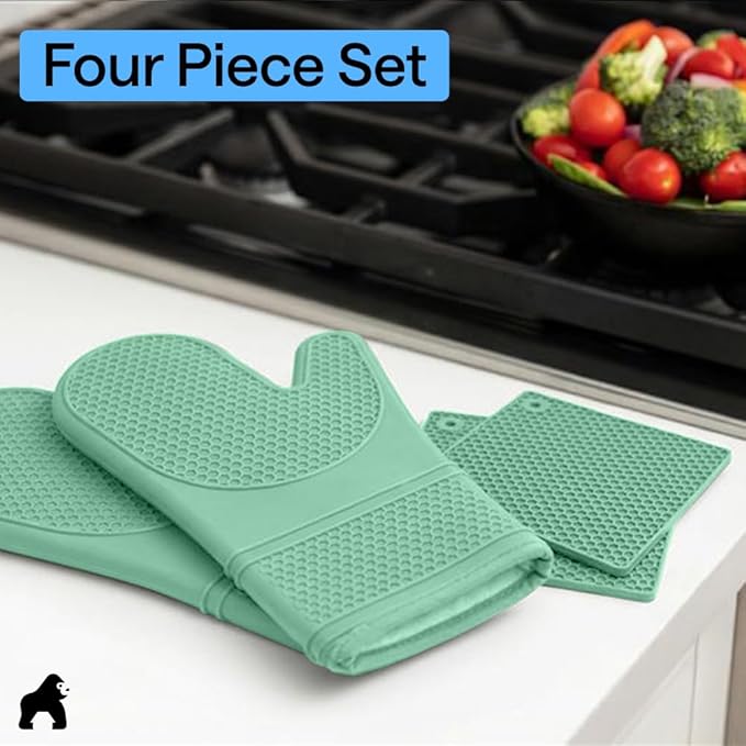 GORILLA GRIP BPA-Free Soft Silicone Oven Mitts and Pot Holders Sets of 4, Heat Resistant Waterproof Cooking Gloves, Thick Cotton Lining, Flexible Gripping for Baking Grilling, Kitchen Trivets, Mint
