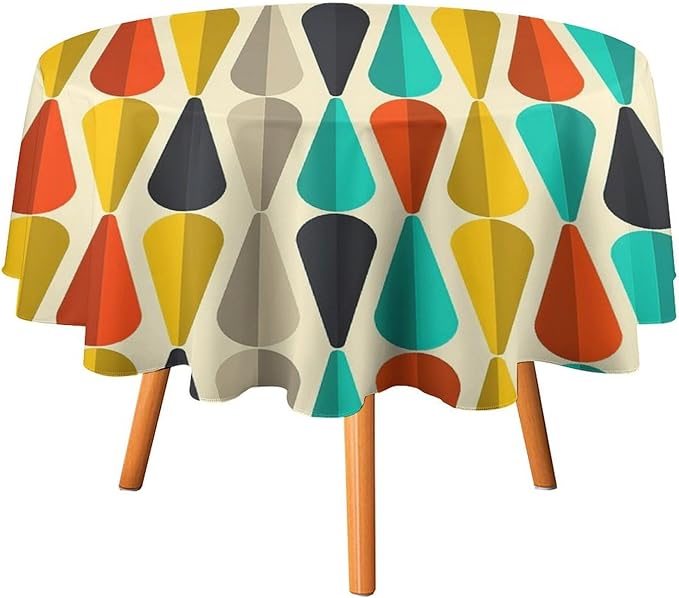 Vintage Bohemian Mid Century Round Tablecloth, Retro 50s 60s Geometric Pattern Print Tablecloth for Home Party Dining Room Kitchen Decor 50Inch(127cm)