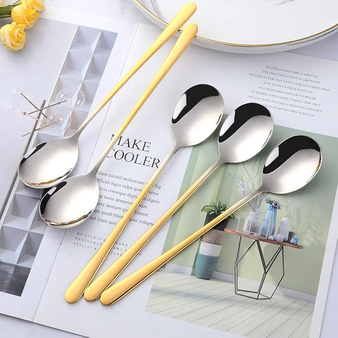 5-pieces Soup Dinner Spoon 8-Inch Gradient Gold Metal Korean Spoon Stainless Steel Table Spoons by Buyer Star