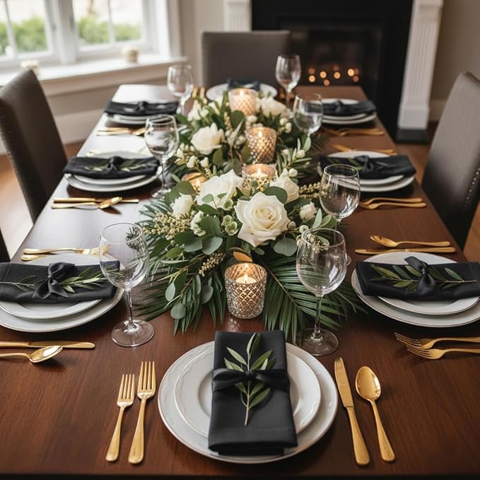 D'Moksha Homes Black Linen Napkins 18 x 18 Inch - 100% Pure Linen Cloth Washable Dinner Napkins Set of 4 for Spring, Easter