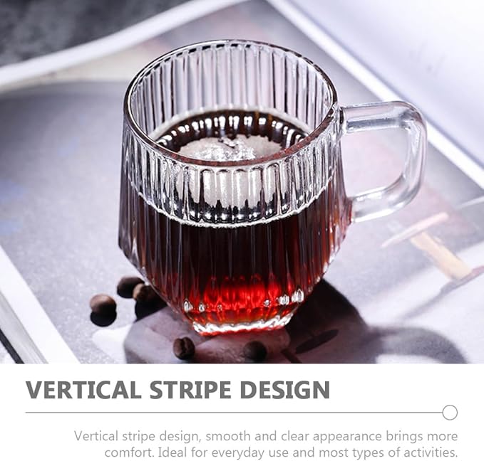 6Pcs Vertical Ribbed Glass Mugs with Handle, Reusable Household Glass Cups for Coffee, Tea, Milk, Orange Juice – Sturdy Glassware Set for Hot and Cold Beverages
