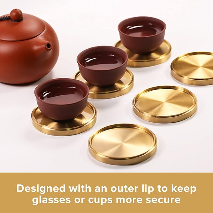 Heavy Brass Coasters for Drinks (6-Pack) - Solid Bronze Gold Coasters - Classy MCM Style Premium Coaster Set - 5 Star Hotel Table & Bar - Board Room Elegant Copper Cup Holder - L