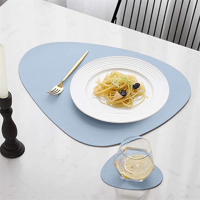 Faux Leather Heat Resistant Placemats for Dining Table Set of 2 and Coasters, Waterproof Wipeable Washable Dinner Table Mats, Easy to Clean Anti-Slip Place Mats Nordic Style, Light Blue