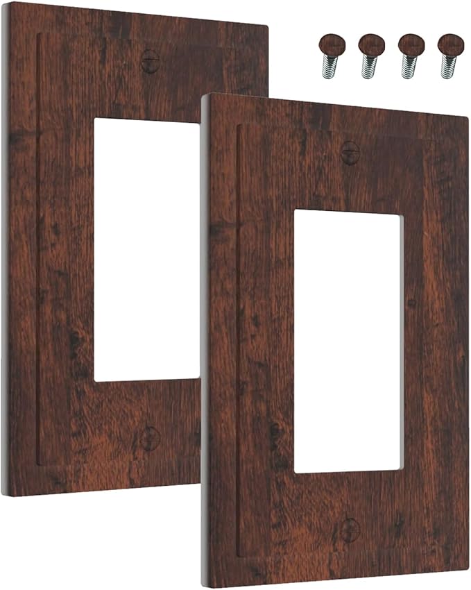 Outlet Covers Brown Red Rustic Wood Grain Retro Farmhouse 1 Gang Wall Plate Single Rocker Light Switch Cover Decorative GFCI Receptacle Electrical Switchplate for Farmhouse Cabin Decor（2 Pack）