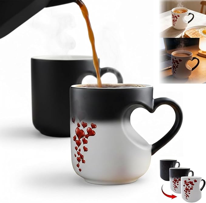 Heart-Shaped Color Changing Magic Ceramic Mug, Funny Heat Sensitive Coffee Cup Reveals Surprise Design with Hot Drinks for Valentine's Day & Anniversaries (1pcs)