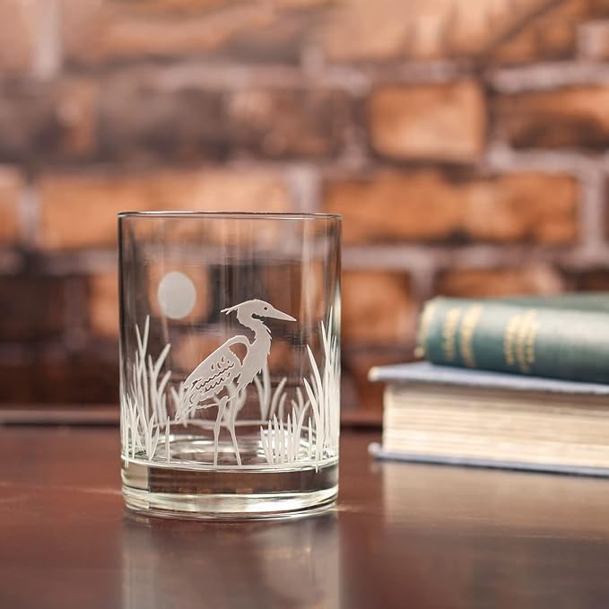 Rolf Glass Heron Double Old Fashioned Glass | 13oz Whiskey Glass | Lead-Free and Diamond-Wheel Engraved | Proudly Made in the USA | Coastal Glassware | Set of 4
