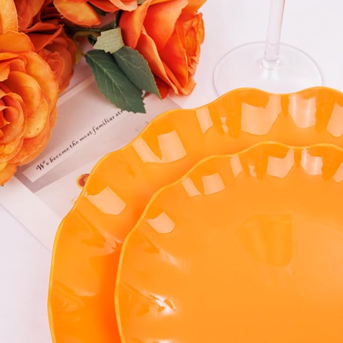 LIYH 24 Pcs Orange Plastic Plates Reusable Orange Plates Scalloped Plastic Plate for Holiday Party Dishwasher Safe Sturdy Reusable (12 Guests) Suitable for Holiday Gatherings