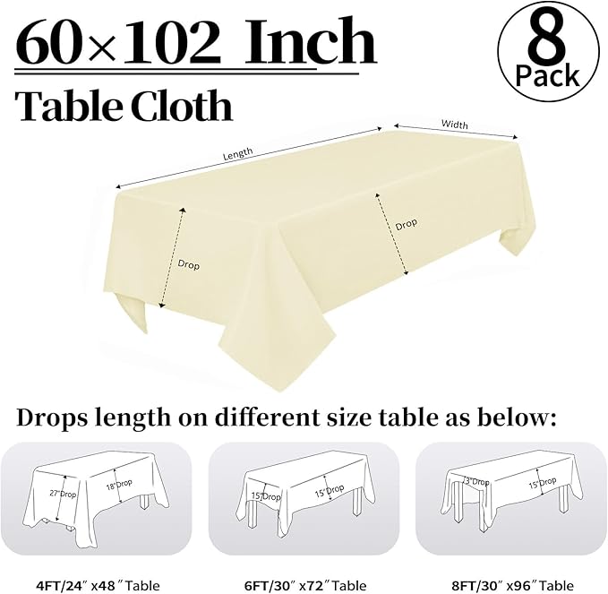 8 Pack Beige Tablecloth 60 x 102 Inch Rectangular Table Cloth for 6 Foot Rectangle Tables, Wrinkle Resistant Washable Polyester Fabric Table Covers for Wedding Party Banquet Buffet and Camping