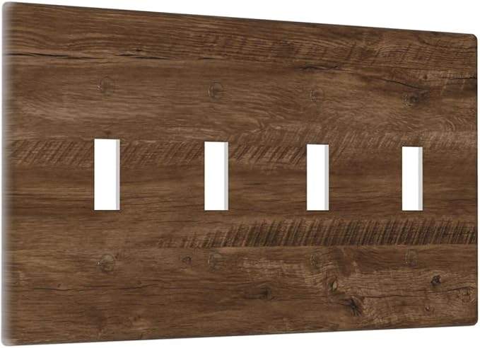 Light Switch Cover Brown Rustic Wood Grain Farmhouse 4 Gang Switch Plate Quad Toggle Wall Plates Decorative Switchplate Electrical Outlet Cover for Cabin Bedroom Decor