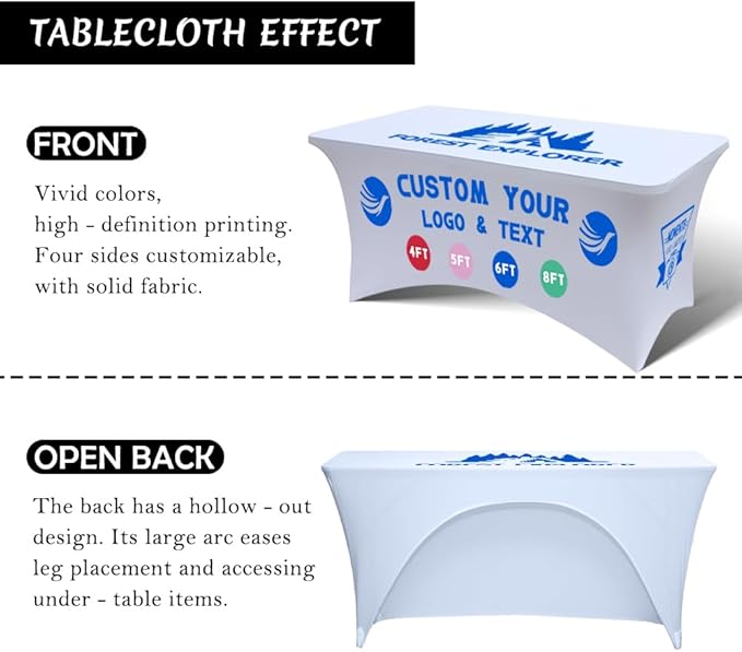 Personalized Table Cloth with Logo Image Customized Tablecloth 4FT/5FT/6FT/8FT Spandex Customized Table Cover Promotional Business Tradeshow Events Birthday Party Wedding (5FT Spandex(Open back))