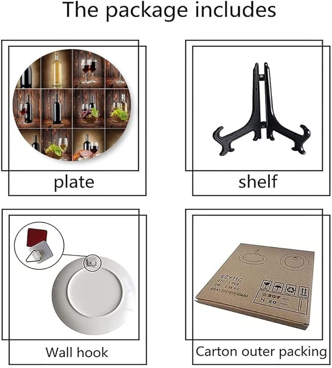 Ceramic Plates, Wine Decorative Ceramic Plates, Wine Themed Collage on Wooden Backdrop with Grapes and, 6 Inch, Household Plates Decorative, Brown Black Red