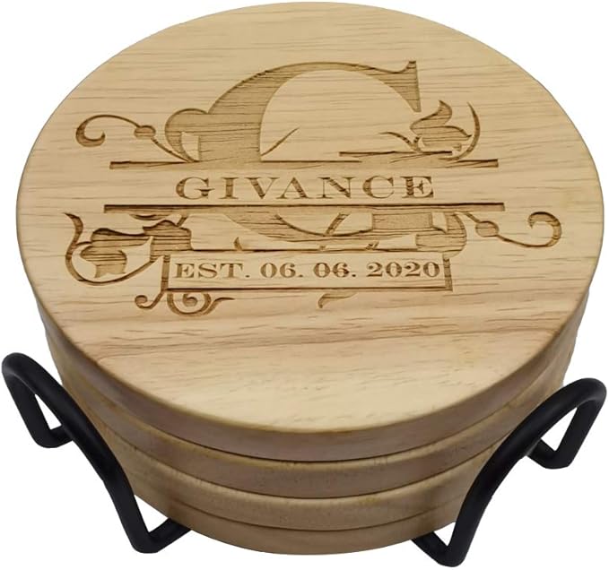 Personalized Wooden Coasters, Custom Engraved Monogram Coasters - Great Gifts (XL, Set of 4)