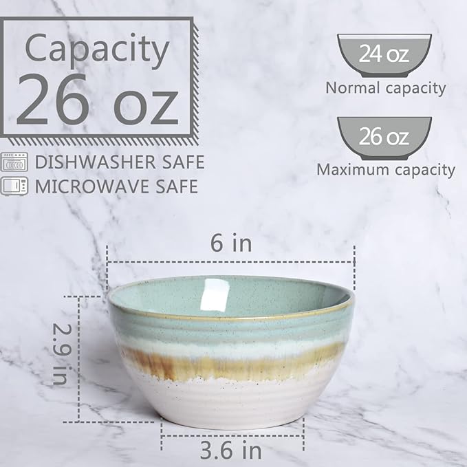 Bosmarlin Ceramic Cereal Bowl Set of 4, 26 Oz, Green Soup Bowl for Oatmeal, Salad, Dishwasher and Microwave Safe, Reactive Glaze (Green, 6 in)