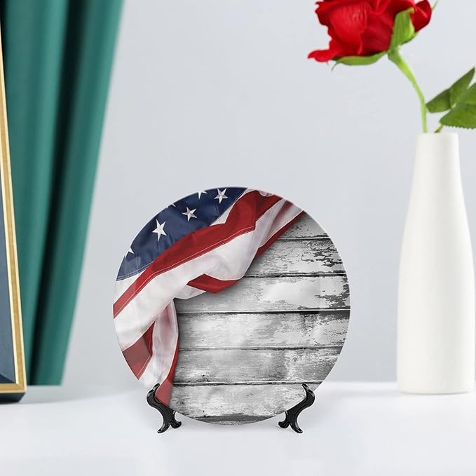 Decorative Plates, American Flag Print Ornament, Flag on Wood Planks, 8 Inch, Kitchen Wall Decor, Multicolor