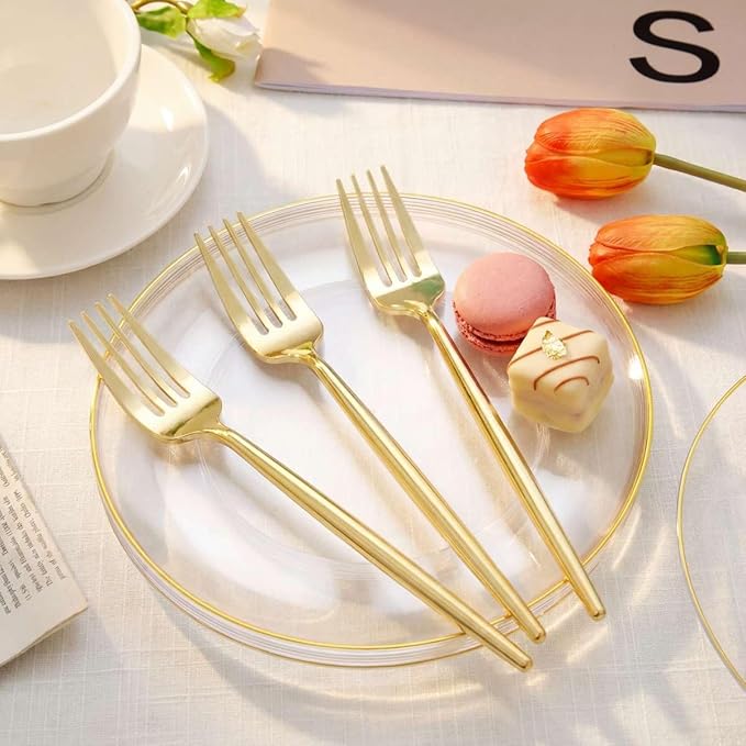 Rubtlamp 200Pcs Clear Gold Dessert Plates With Plastic Gold Forks, 100pcs 7.5inch Plates For Appetizers,100pcs 7.8inch Premium Forks Disposable, Cake Platos Disposable for Wedding