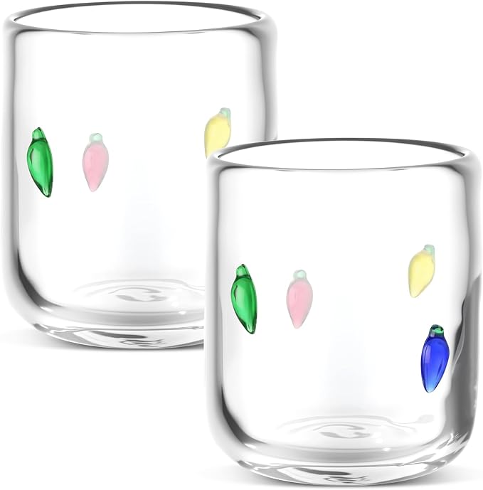 Icon Juice Glasses, 14oz Stemless Wine Drinking Juice Glass Cup for Valentine Party Supplies Gift(2 Pcs,Christmas Bulbs)