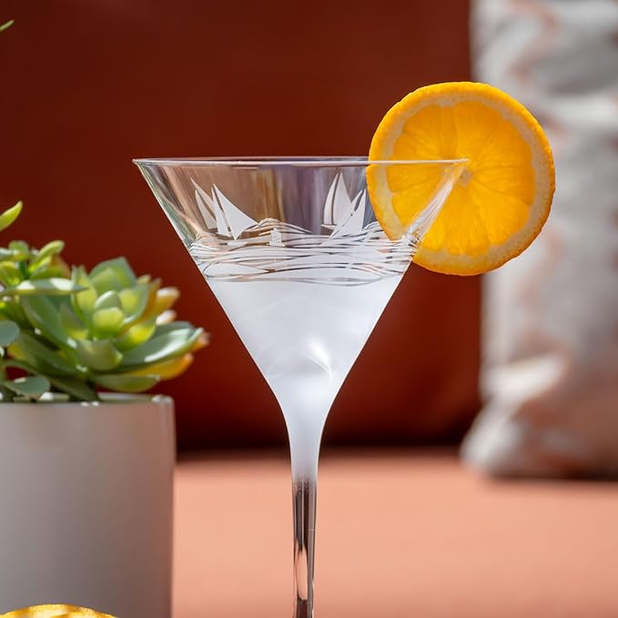 Rolf Glass Regatta 10oz Martini Cocktail Glass | Set of 4 Lead-Free Glasses | Proudly Made in the USA | Engraved Nautical Sailboat Martini Glasses