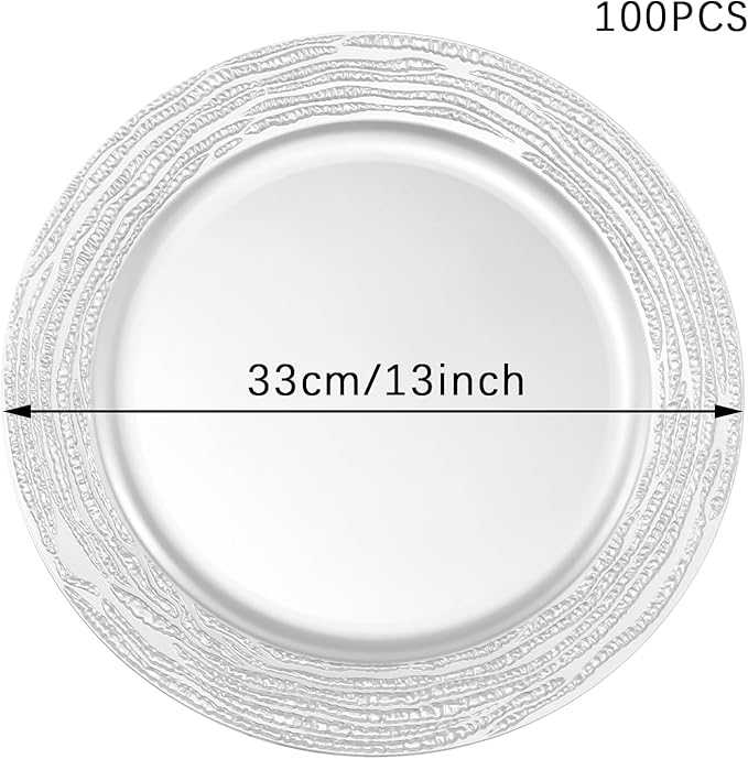 100 Pcs Silver Charger Plates Bulk, 13 Inch Antique Plastic Round Chargers Set, Textured Decorative Dinner Plates for Wedding Party Banquet Event Festival Table Decoration (Silver)