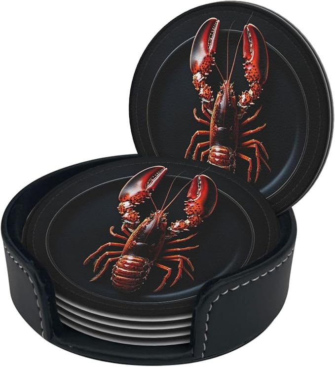 Lobster on a Plate Printed Leather Coasters for Drinks, Set of 6 Drink Coaster Dining Room Decor Cup Coasters