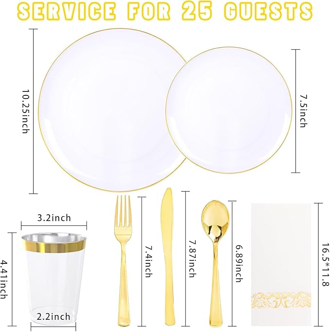 YOUBET 175PCS Gold Rimmed Plastic Plates - White and Gold Disposable Plates Includes 25 Dinner Plate, 25 Dessert Plate, 75Silverware, 25 Cups, 25 Napkins for Wedding & Party