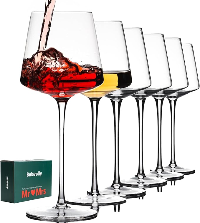 White Red Wine Glasses Set of 6 – 19oz Wine Glasses with Tall Long Stem,【Hand Blown】Crystal Wine Glasses- Square Wine Glasses with flat bottom,Thin Stem Wine Glasses,Clear Lead-Free Premium large