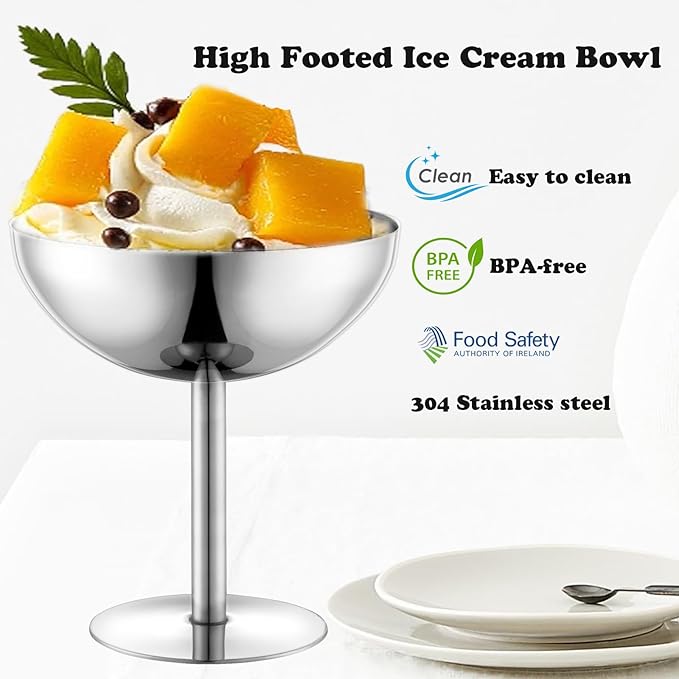 Ice Cream Bowls Stainless Steel Dessert Cups with Spoons Reusable Footed Sundae Cups Ice Cream Cups for Dessert, Frozen Yogurt, Gelato, Birthday Party Decorations (4, Silve)